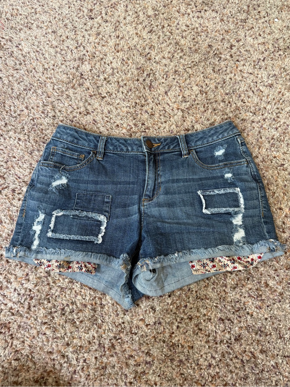 LC Lauren Conrad Dark Blue Distressed Denim Shorts with Floral Cuff